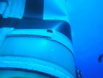 Ares 1-X dent in booster after splashdown (NASA/KSC)