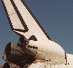 Image of orbital maneuvering engine pod on shuttle (NASA/KSC)