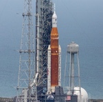 SLS on pad for WDR, 2022 April 14 (NASA)